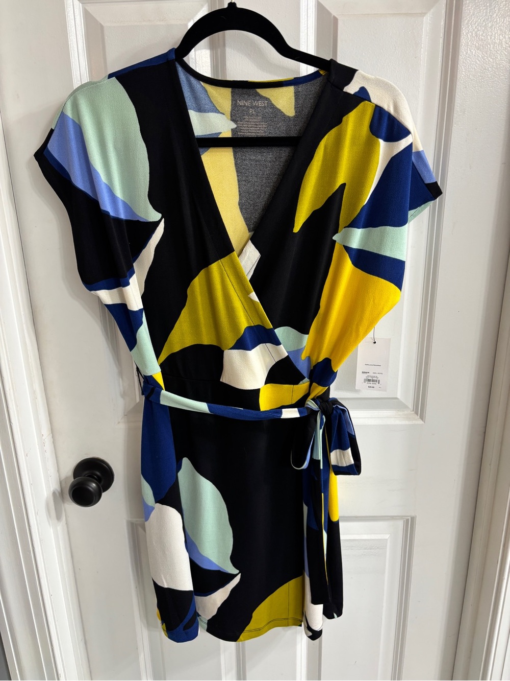 Nine West Abstract Print Wrap Dress in Navy, Yellow & Mint